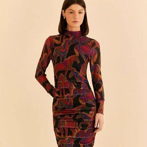 FARM RIO Black Wild Horses Tulle Midi Dress Size XS NWT